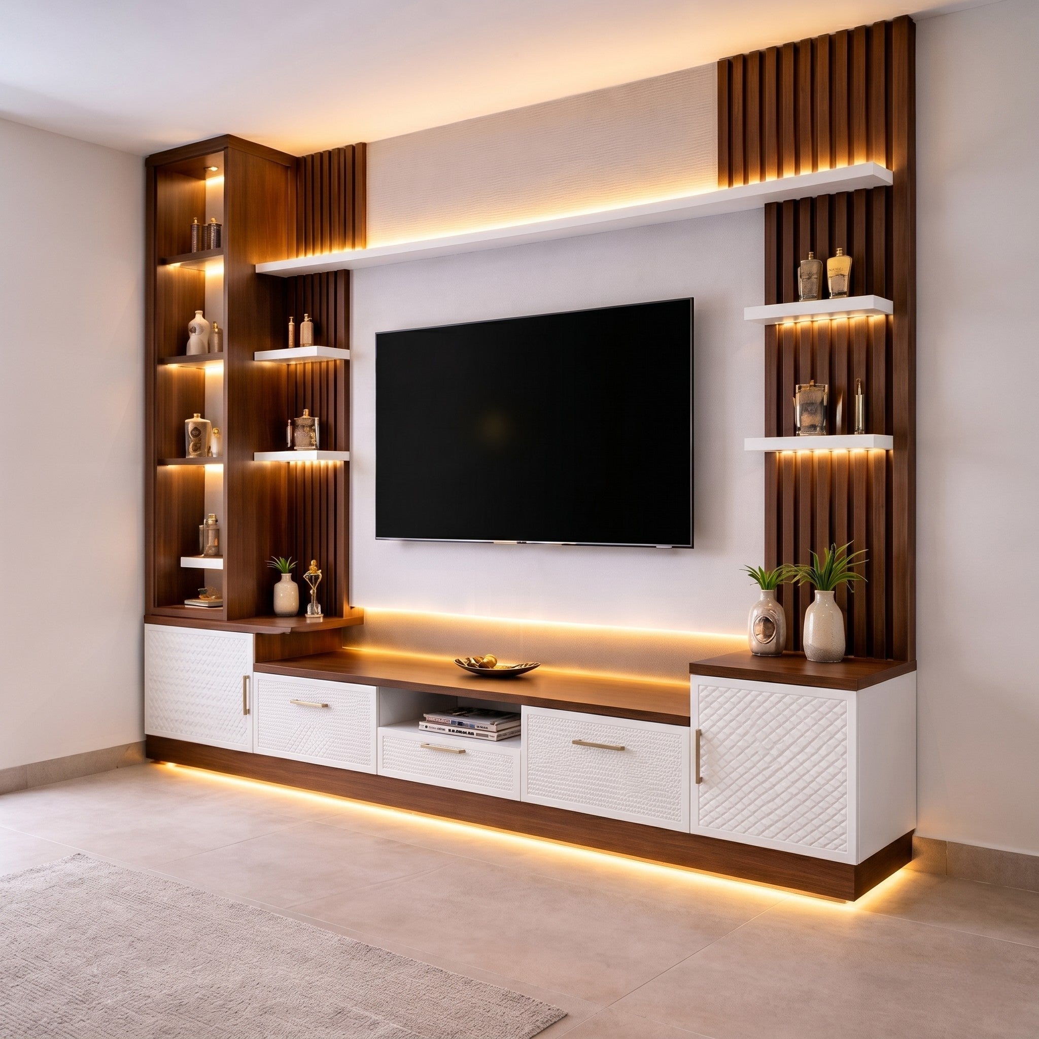 Walnut & White Modular TV Wall Unit with LED Lighting
