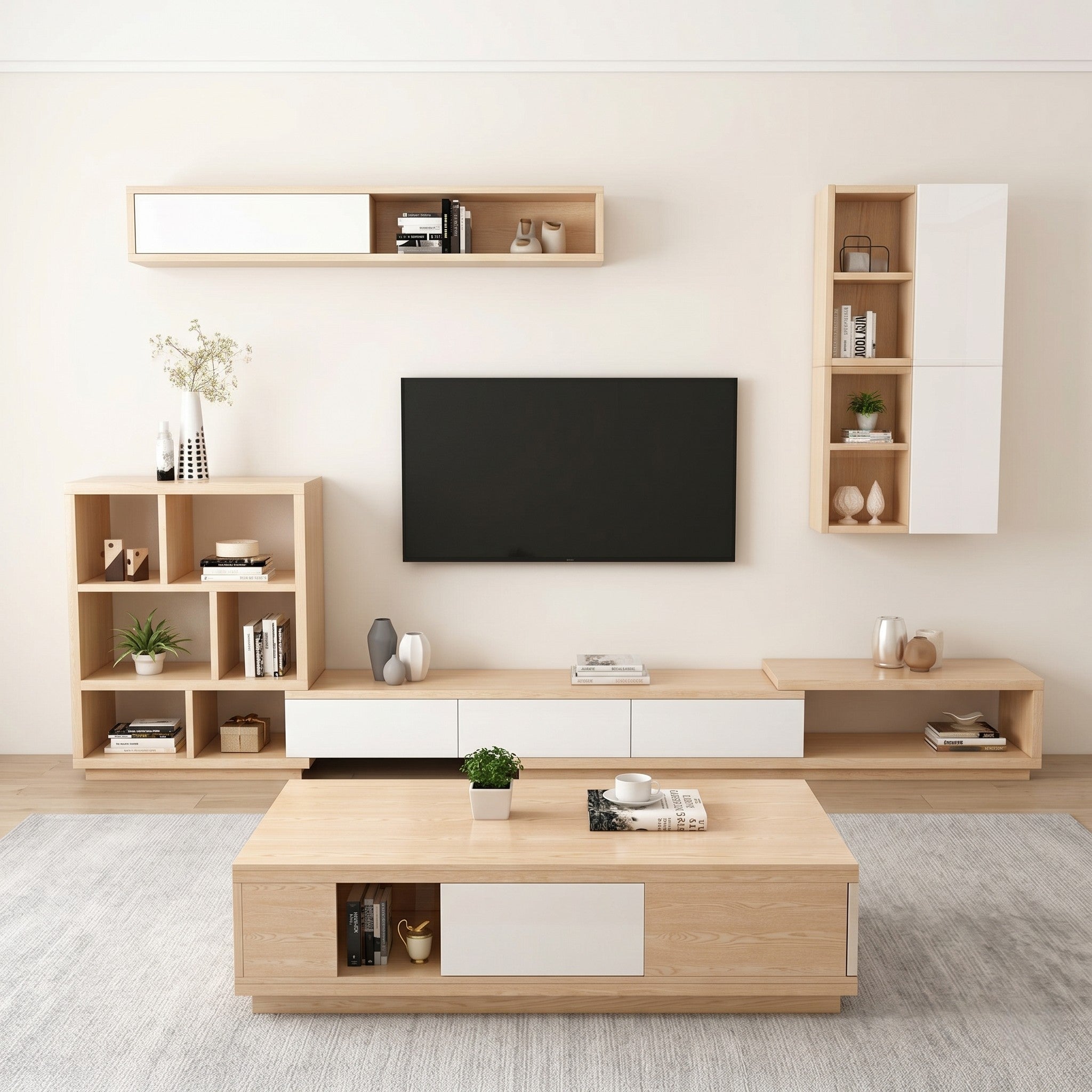 Light Oak & White Scandinavian Modular TV Living Room Set with Wall Cabinets and Coffee Table