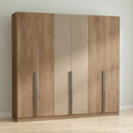 Oak & Champagne Gloss Six-Door Wardrobe with Centre High-Gloss Panels and Brushed Steel Handles