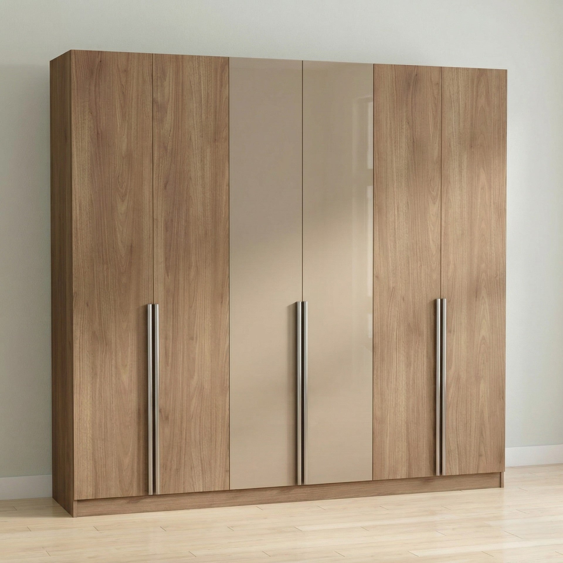 Oak & Champagne Gloss Six-Door Wardrobe with Centre High-Gloss Panels and Brushed Steel Handles