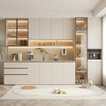White Matte Modular Kitchen Wall Unit with LED-Lit Glass Display Cabinets, Open Illuminated Shelf, Integrated Coffee Machine and Wine Display Tower