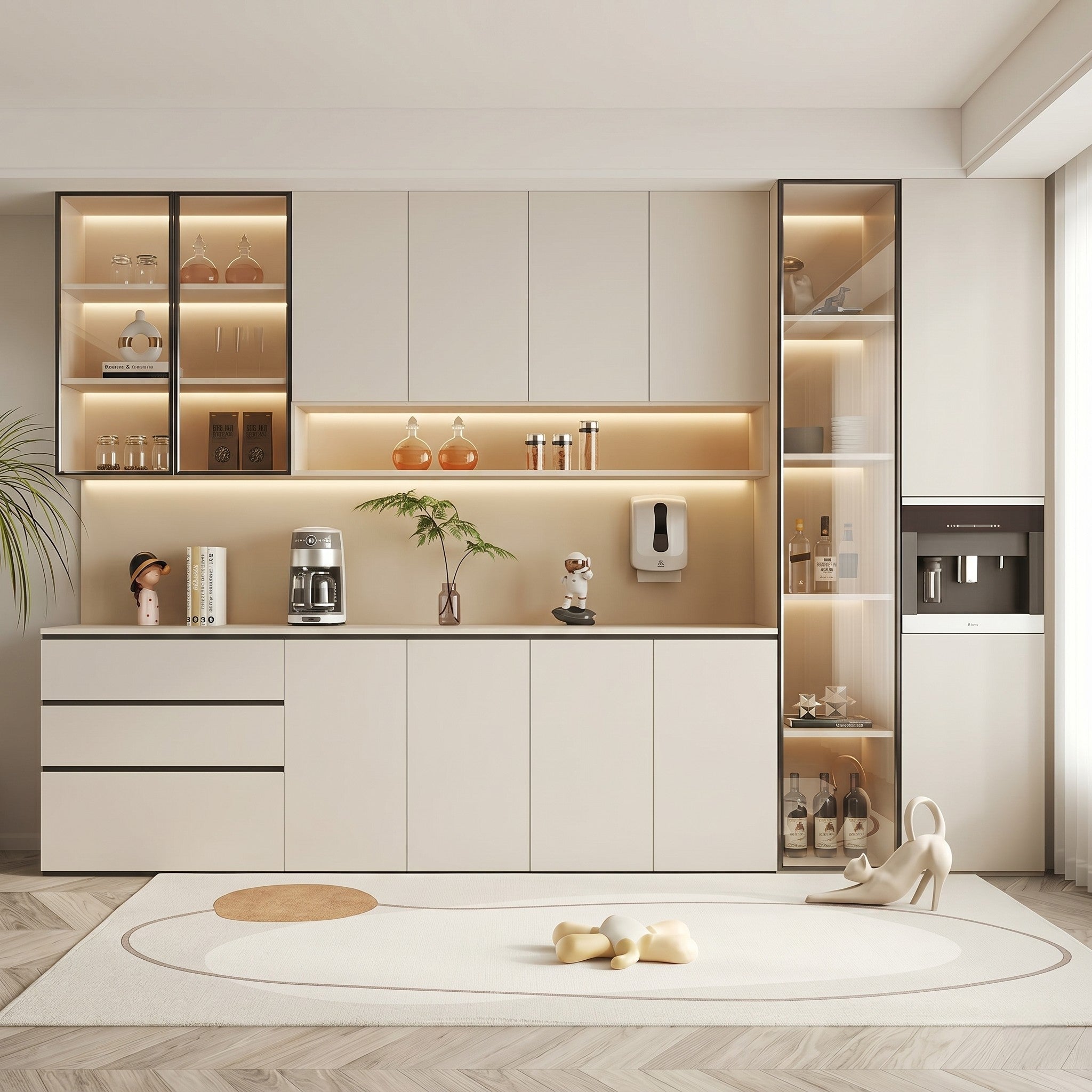 White Matte Modular Kitchen Wall Unit with LED-Lit Glass Display Cabinets, Open Illuminated Shelf, Integrated Coffee Machine and Wine Display Tower