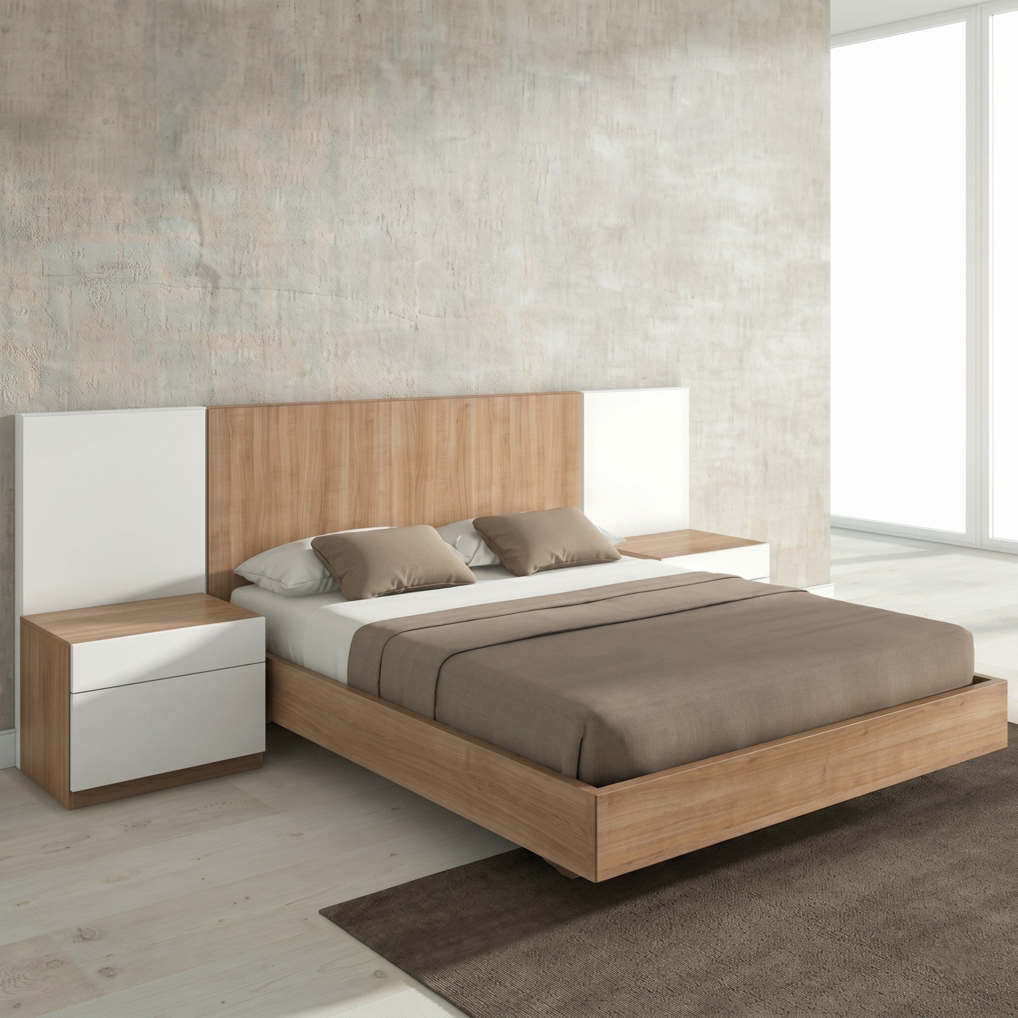 Oak & White Floating Platform Bed with Wide Panelled Headboard Wall and Two-Tone Bedside Tables