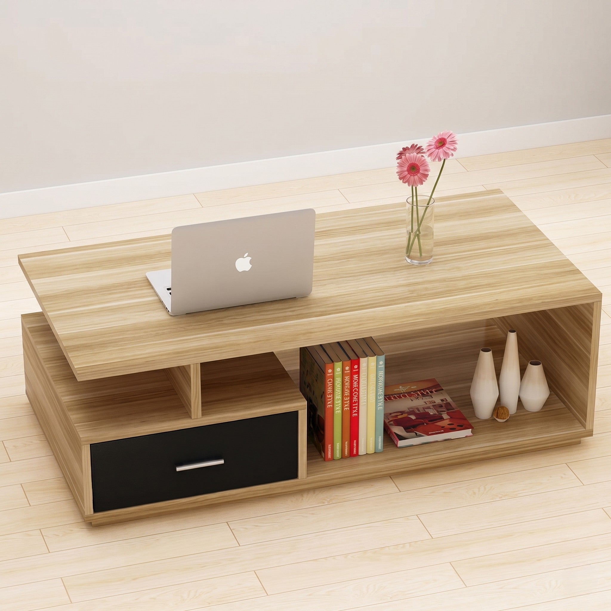 Natural Oak Coffee Table with Cantilevered Top, Black Drawer & Open Display Shelves