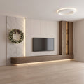 White Marble & Walnut Minimalist TV Wall Unit with Tall Display Tower and LED Base Lighting