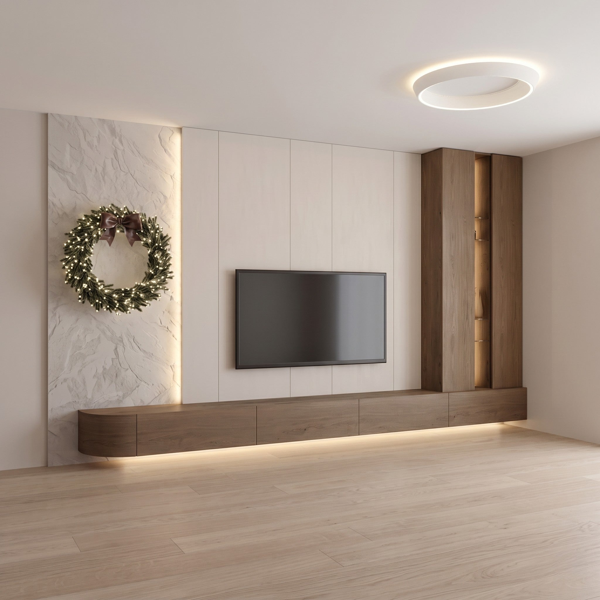 White Marble & Walnut Minimalist TV Wall Unit with Tall Display Tower and LED Base Lighting