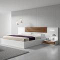 White Gloss & Walnut Platform Bed with Integrated LED Bedside Units and Recessed Wood Headboard Panel