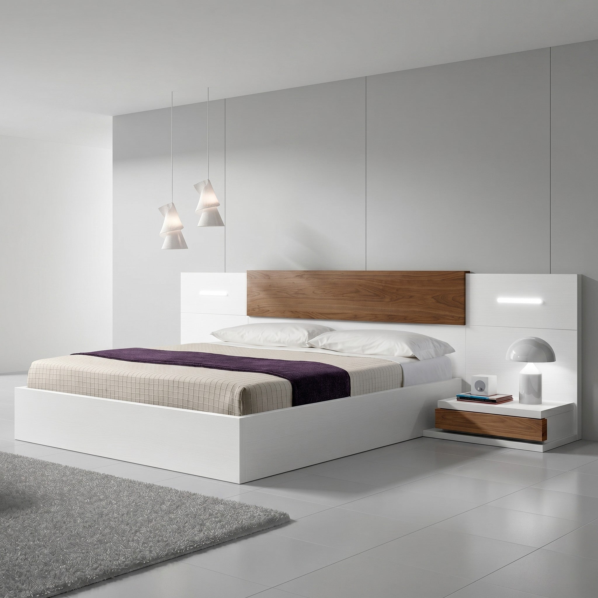 White Gloss & Walnut Platform Bed with Integrated LED Bedside Units and Recessed Wood Headboard Panel