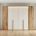 White Matte Wardrobe with Live-Edge Spalted Oak Side Panels, LED Cove Lighting and Bronze Handles