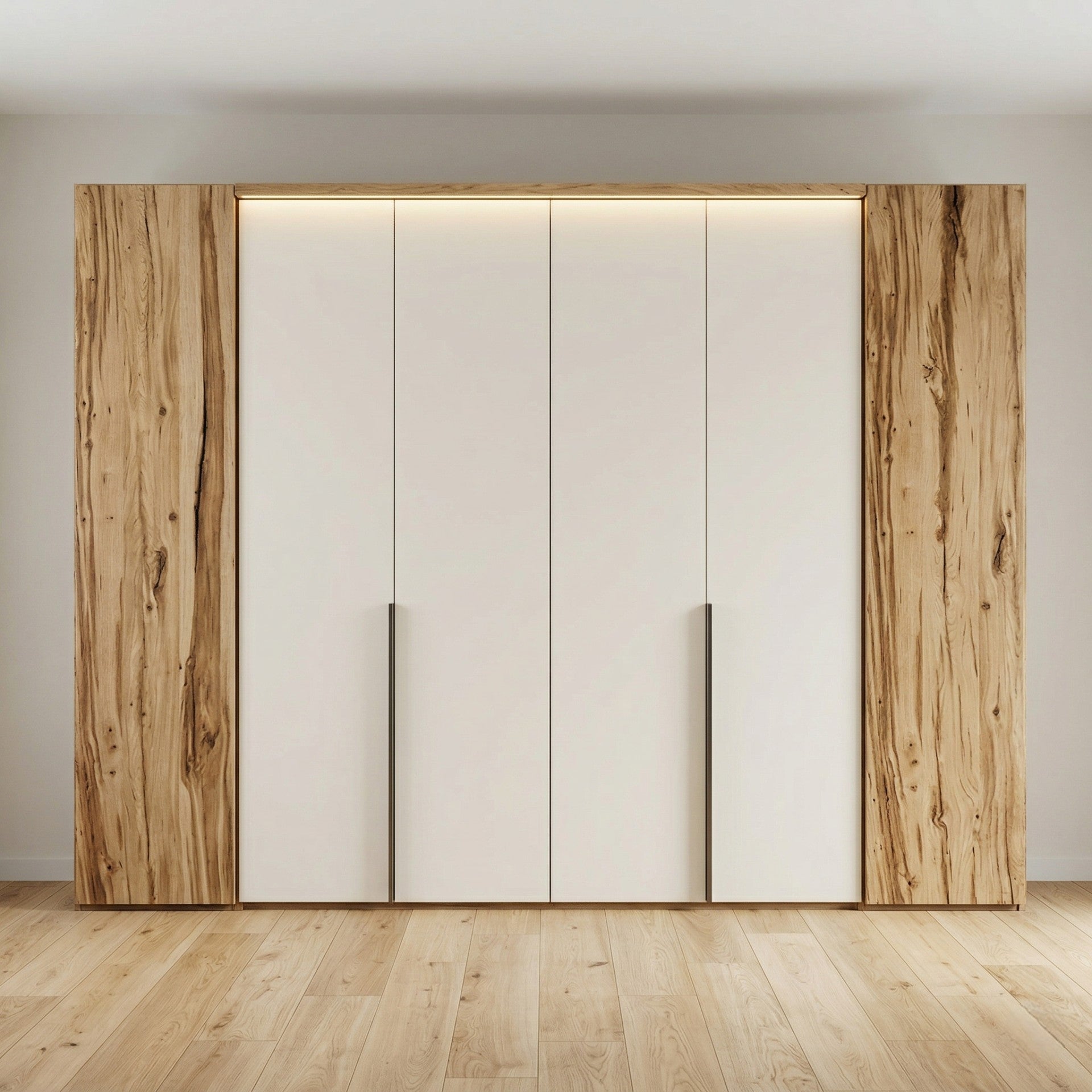 White Matte Wardrobe with Live-Edge Spalted Oak Side Panels, LED Cove Lighting and Bronze Handles