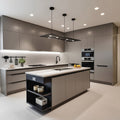 Warm Taupe Matte L-Shaped Modular Kitchen with Central Island, Ceiling-Flush Extractor, Black Open Shelf End and Integrated Appliance Tower
