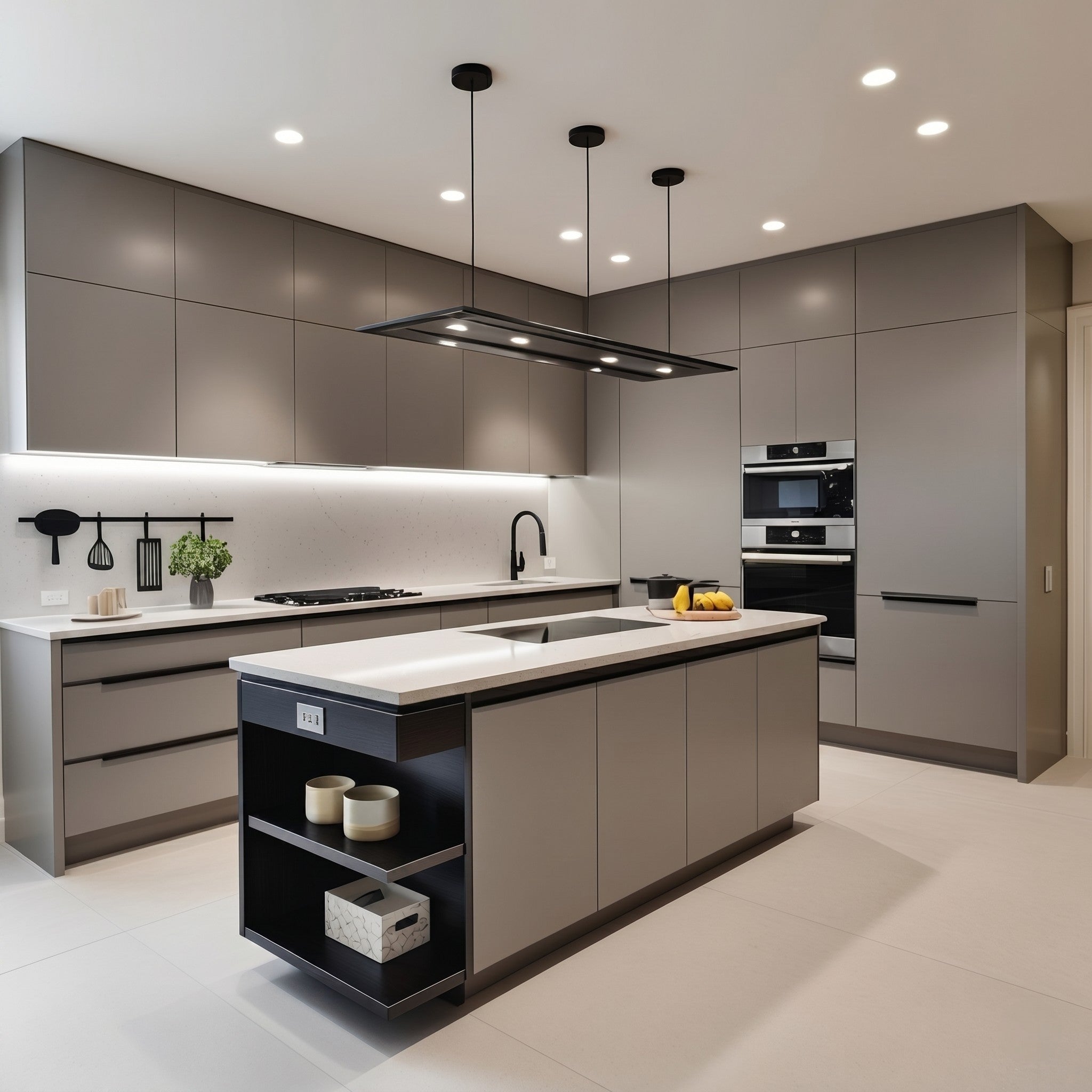 Warm Taupe Matte L-Shaped Modular Kitchen with Central Island, Ceiling-Flush Extractor, Black Open Shelf End and Integrated Appliance Tower