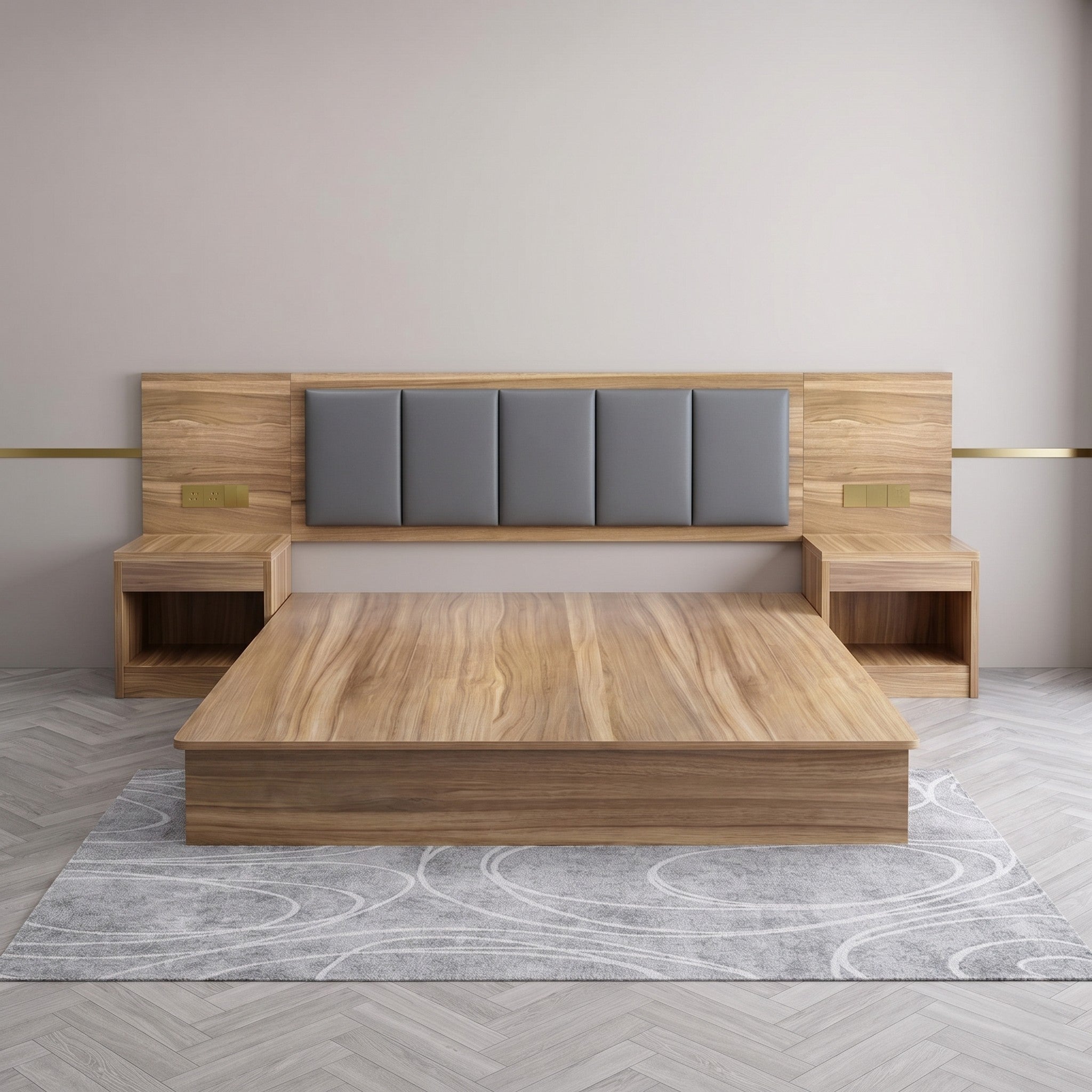 Natural Oak Platform Bed with Grey Upholstered Headboard Panels, Gold Accents and Integrated Bedside Niches