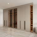 Greige Full-Wall Wardrobe with Black-Framed Glass Display Section, LED Interior Lighting and Walnut Open Shelves