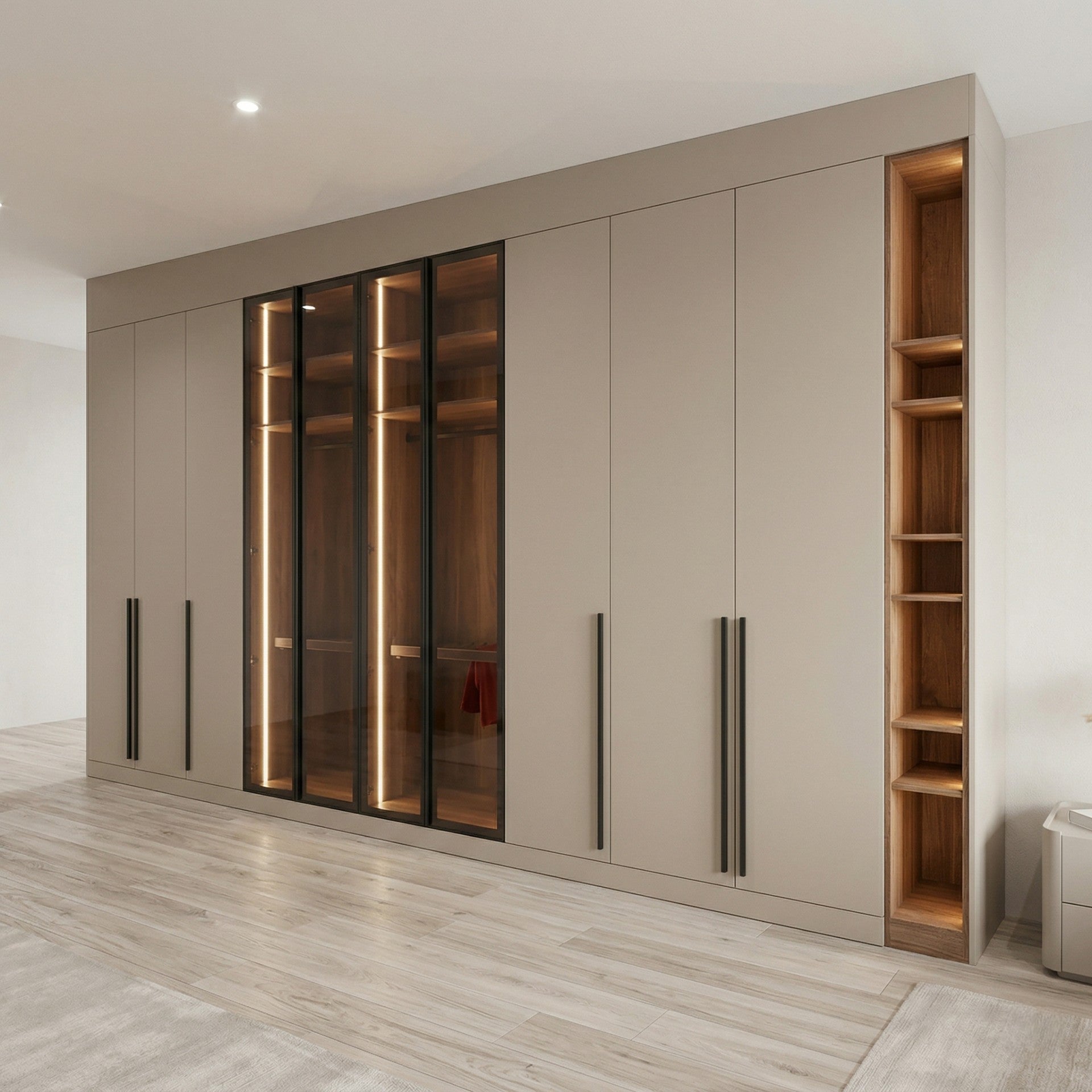 Greige Full-Wall Wardrobe with Black-Framed Glass Display Section, LED Interior Lighting and Walnut Open Shelves