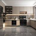 Greige Matte L-Shaped Modular Kitchen with Dark Bronze Frame, LED-Lit Wine Display Cabinet, Open Niche Shelf and Full Appliance Suite