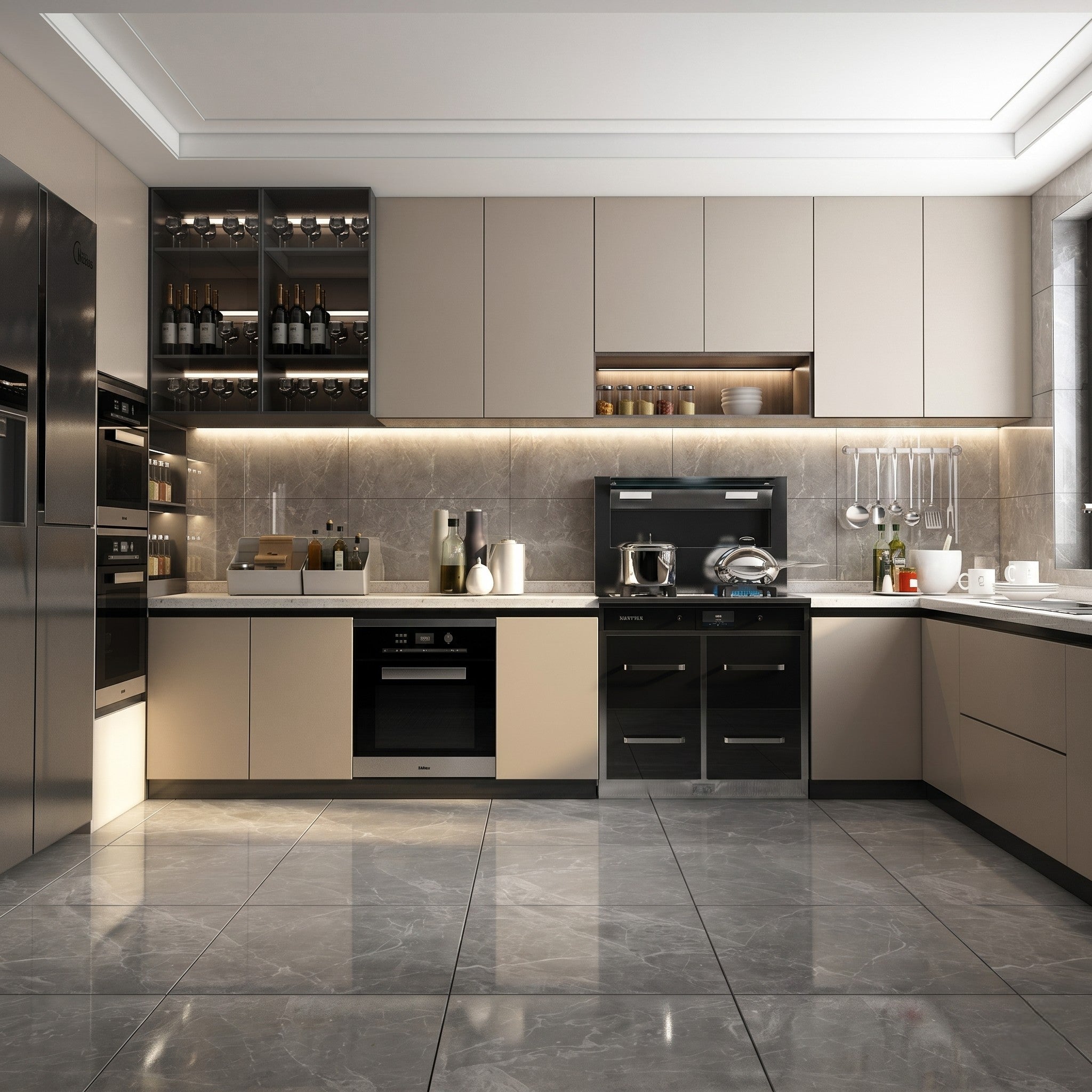 Greige Matte L-Shaped Modular Kitchen with Dark Bronze Frame, LED-Lit Wine Display Cabinet, Open Niche Shelf and Full Appliance Suite