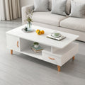 Scandinavian White Coffee Table with Cabinet Door, Drawer, Open Shelf & Oak Legs