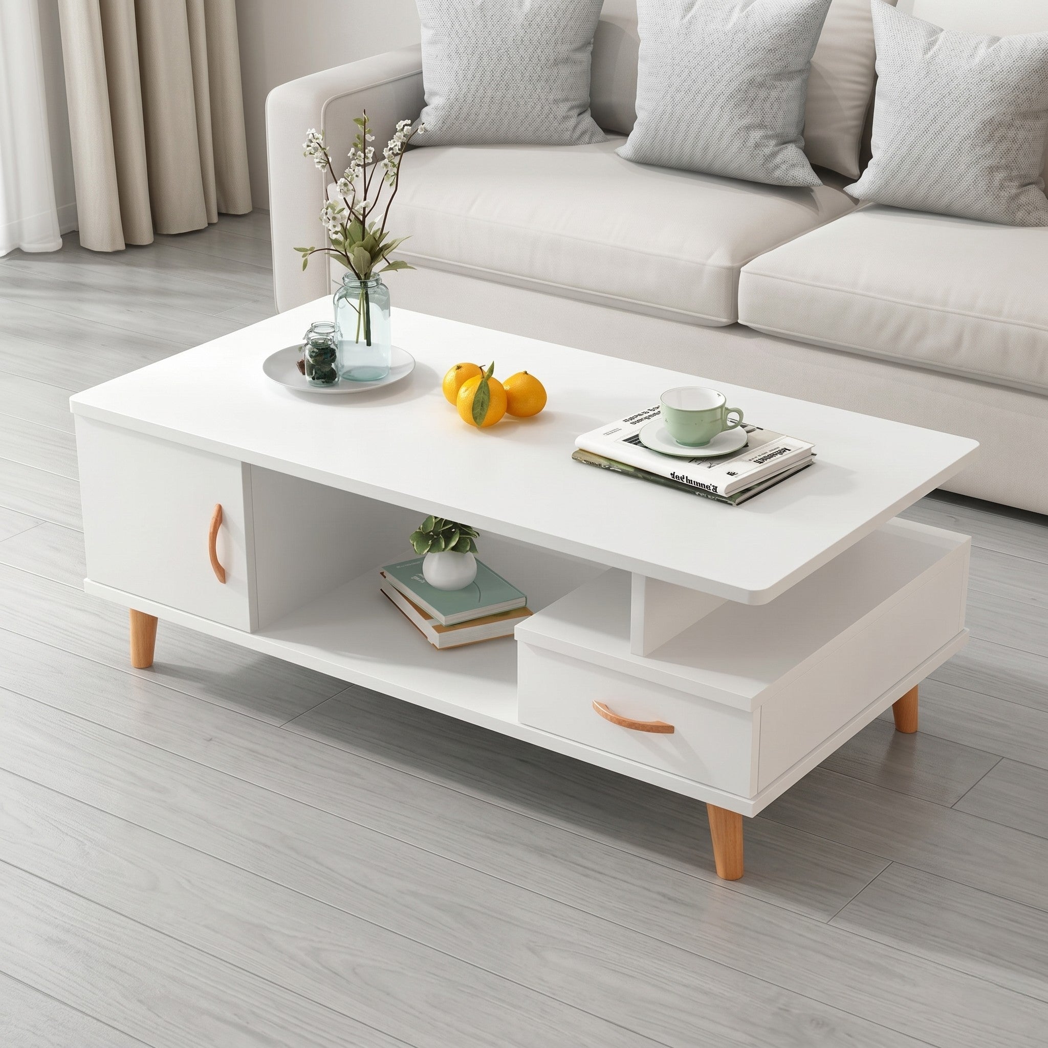 Scandinavian White Coffee Table with Cabinet Door, Drawer, Open Shelf & Oak Legs