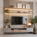 Greige Fluted Wall TV Unit with Dual LED Display Shelves and Oak Media Console