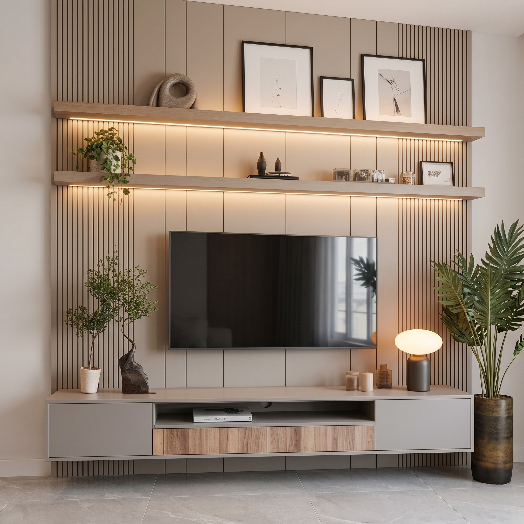 Greige Fluted Wall TV Unit with Dual LED Display Shelves and Oak Media Console