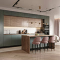 Forest Green & Textured Oak Two-Tone Modular Kitchen with Walnut Island, Chevron Backsplash, Brass Pendants and Pink Velvet Bar Stools