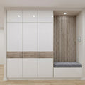 White Gloss Wardrobe with Oak Accent Band, Loft Cabinets and Integrated Oak Slat Hallway Nook with Bench