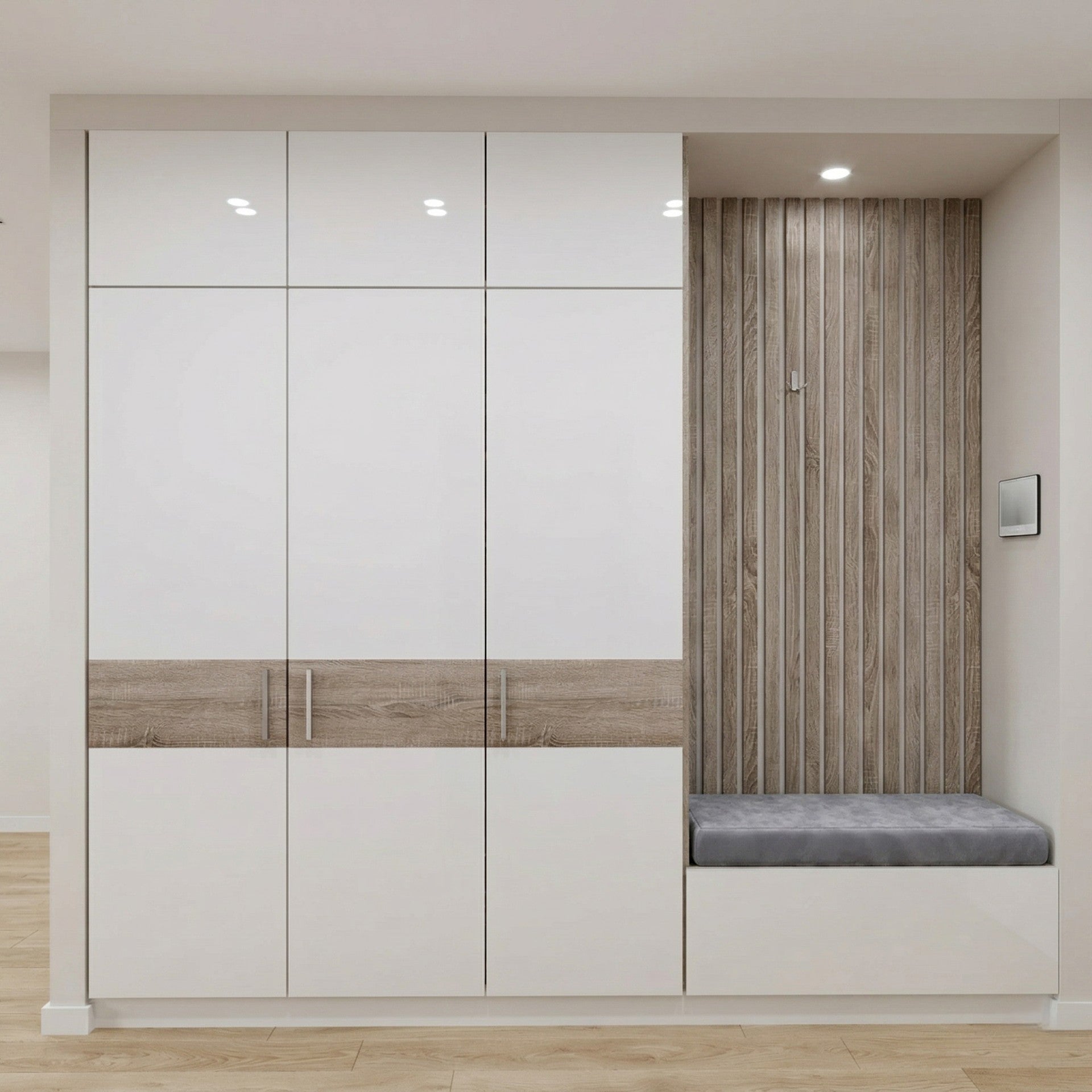 White Gloss Wardrobe with Oak Accent Band, Loft Cabinets and Integrated Oak Slat Hallway Nook with Bench