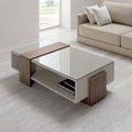 Glass-Top Coffee Table with Walnut Block Legs & Greige Open Storage Base
