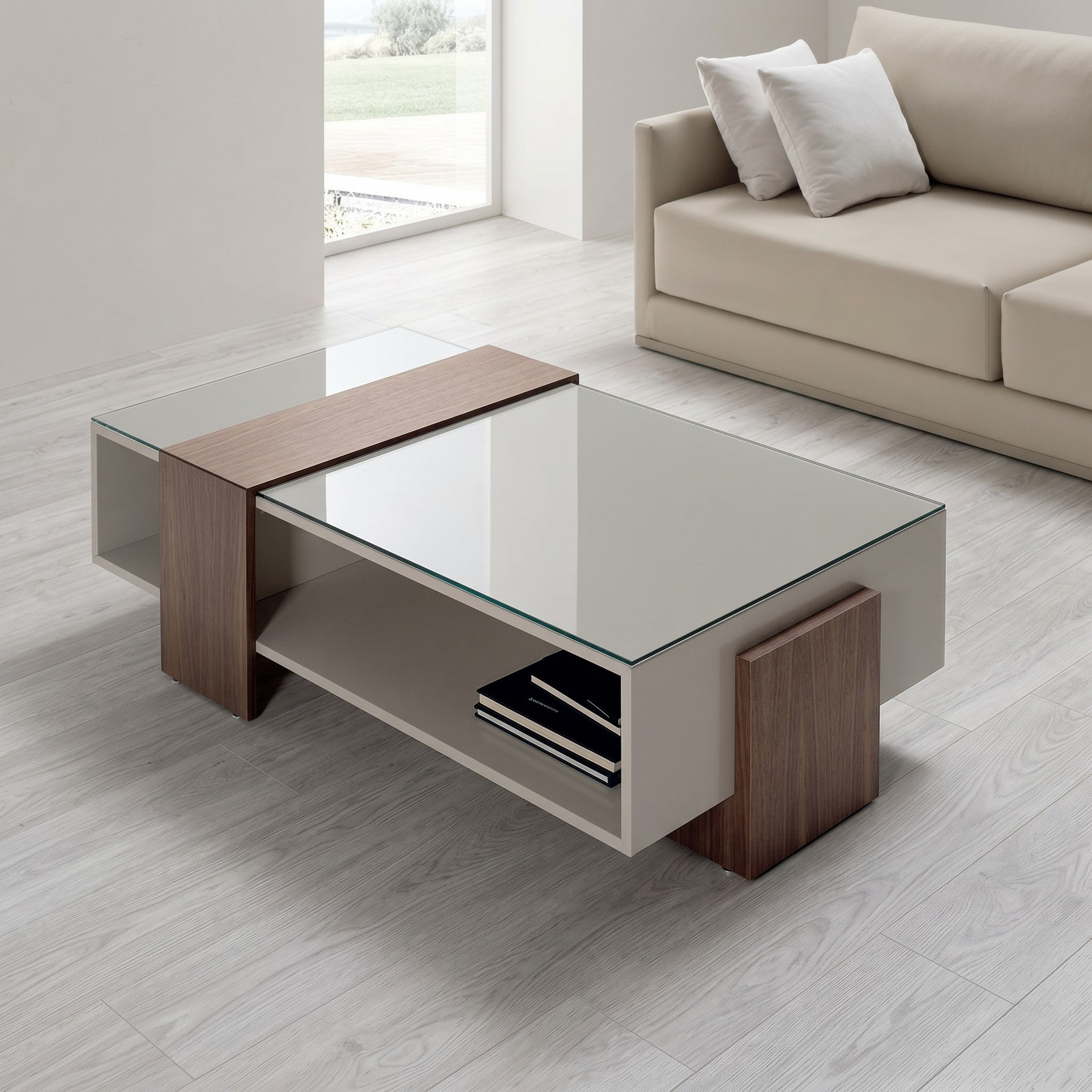 Glass-Top Coffee Table with Walnut Block Legs & Greige Open Storage Base