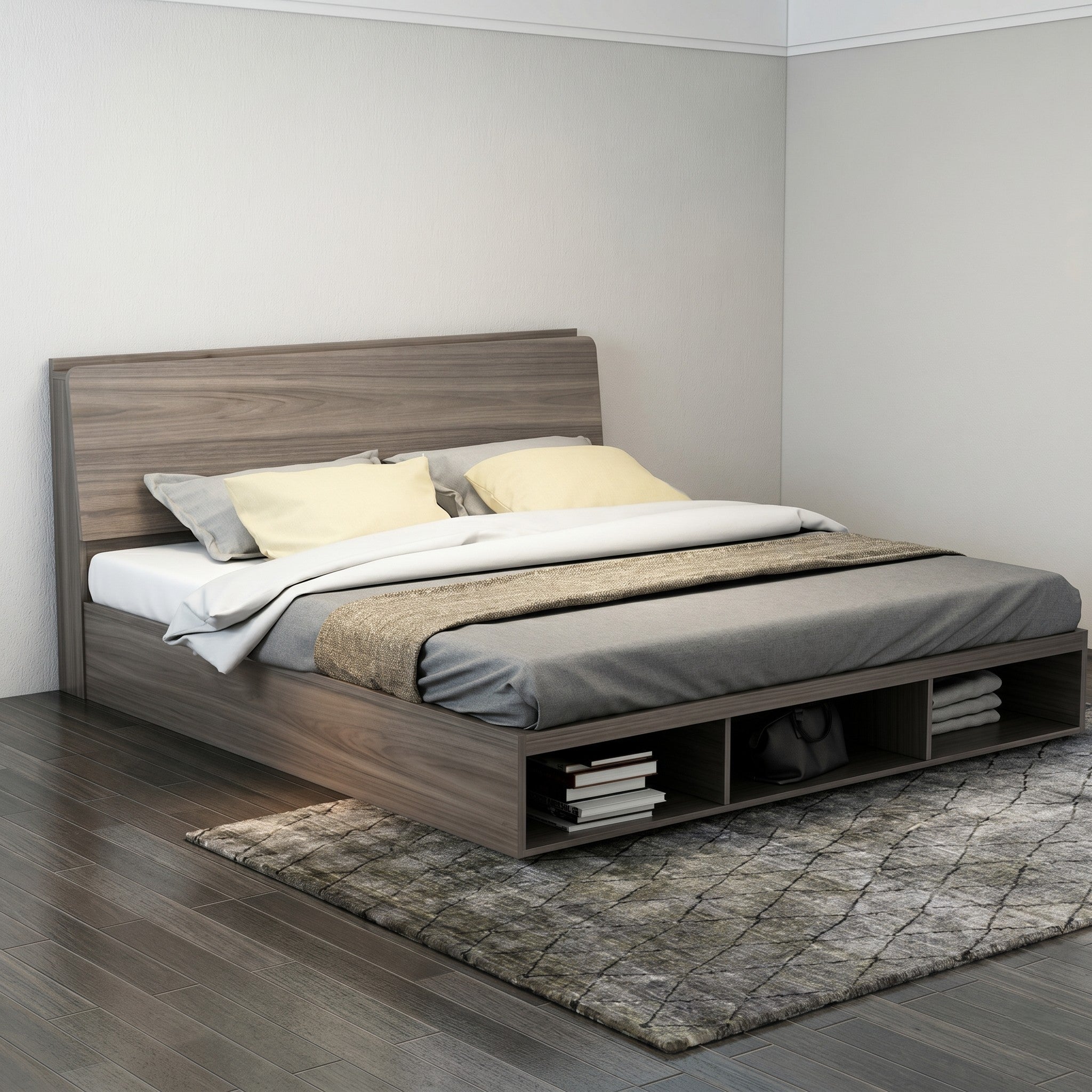 Grey Oak Platform Bed with Curved Headboard and Open Footboard Storage Cubbies
