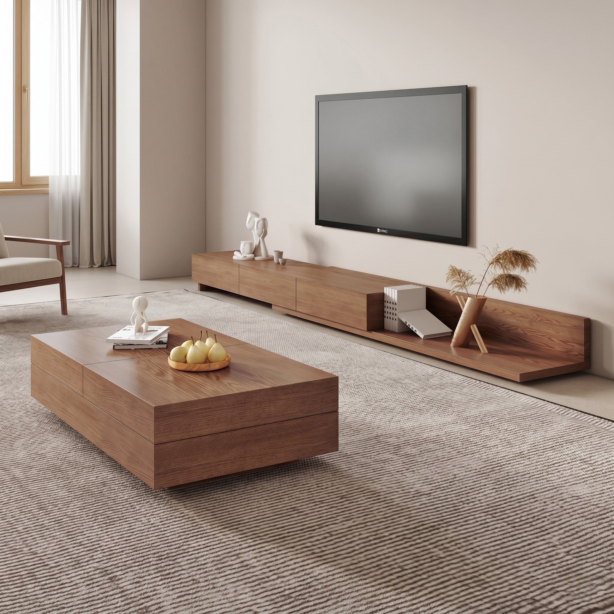 Walnut Japandi Low-Profile TV Console and Coffee Table Set with Open Display Shelf