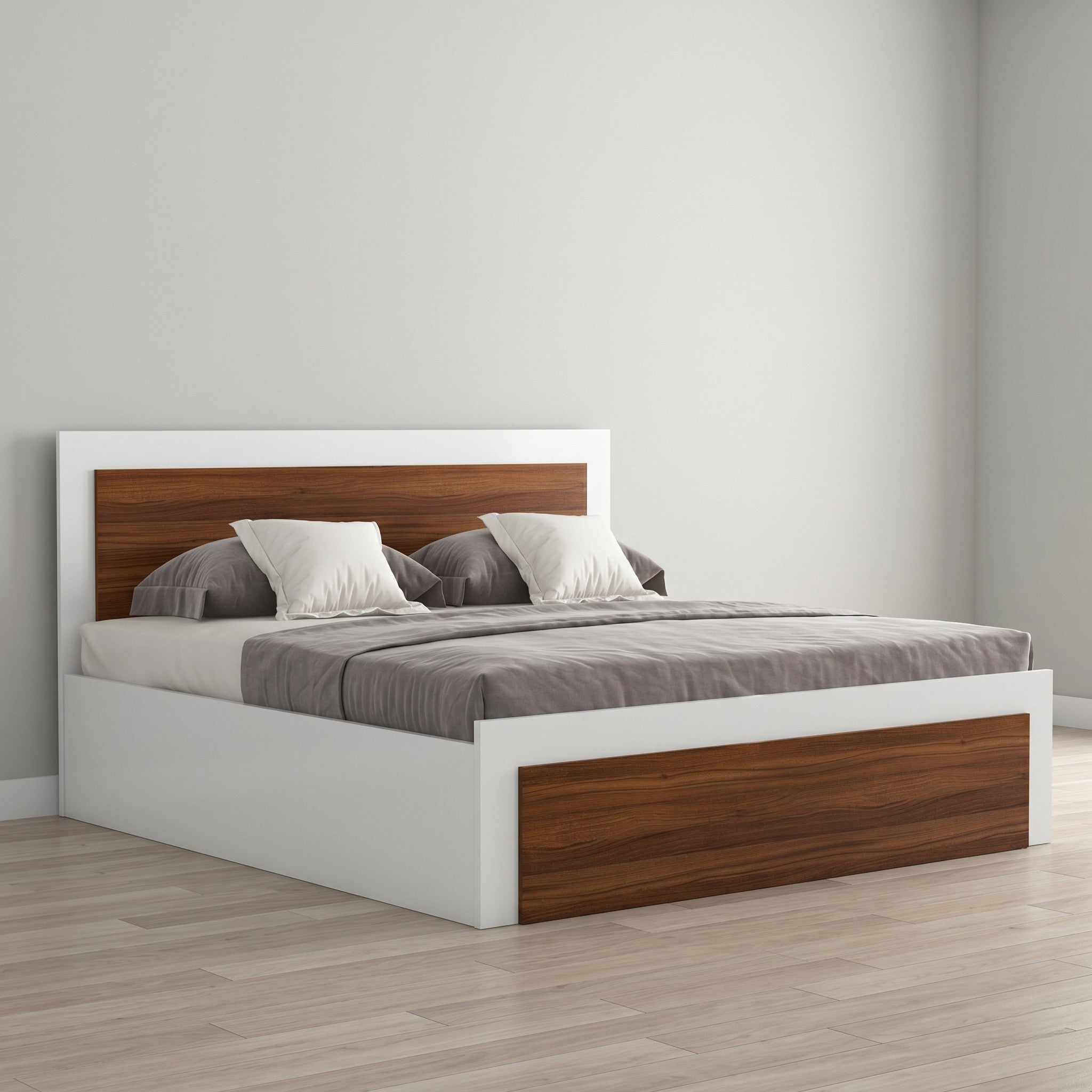 White & Dark Walnut Two-Tone Platform Bed with Framed Panel Headboard and Matching Footboard