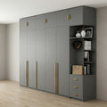 Slate Grey Wardrobe with Loft Cabinets, Gold Handles and Open Side Display Unit with Drawers