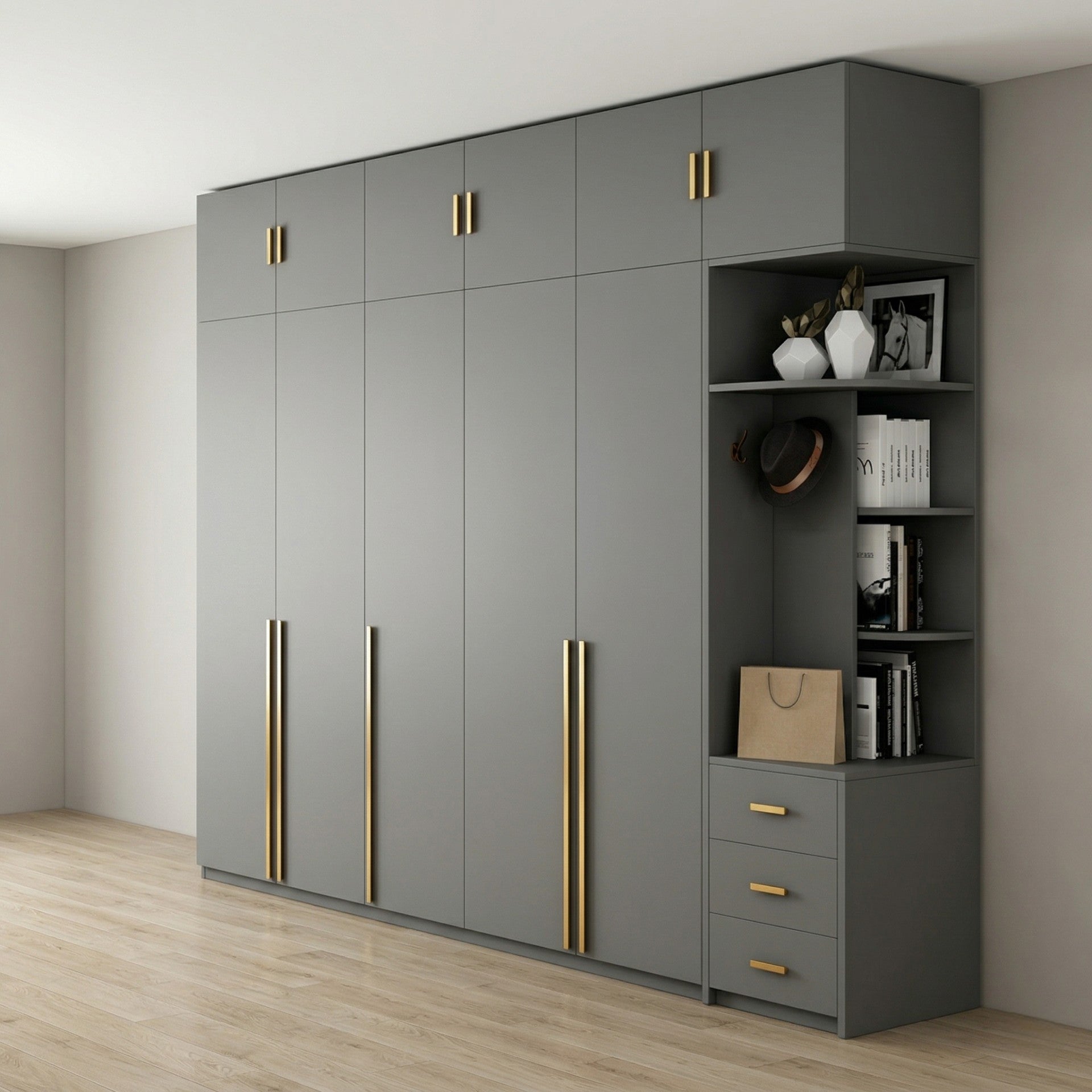 Slate Grey Wardrobe with Loft Cabinets, Gold Handles and Open Side Display Unit with Drawers