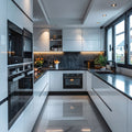 White Gloss U-Shaped Modular Kitchen with Black Granite Countertop, Oxidised Metal Backsplash, Open Display Cabinet and Full Appliance Tower