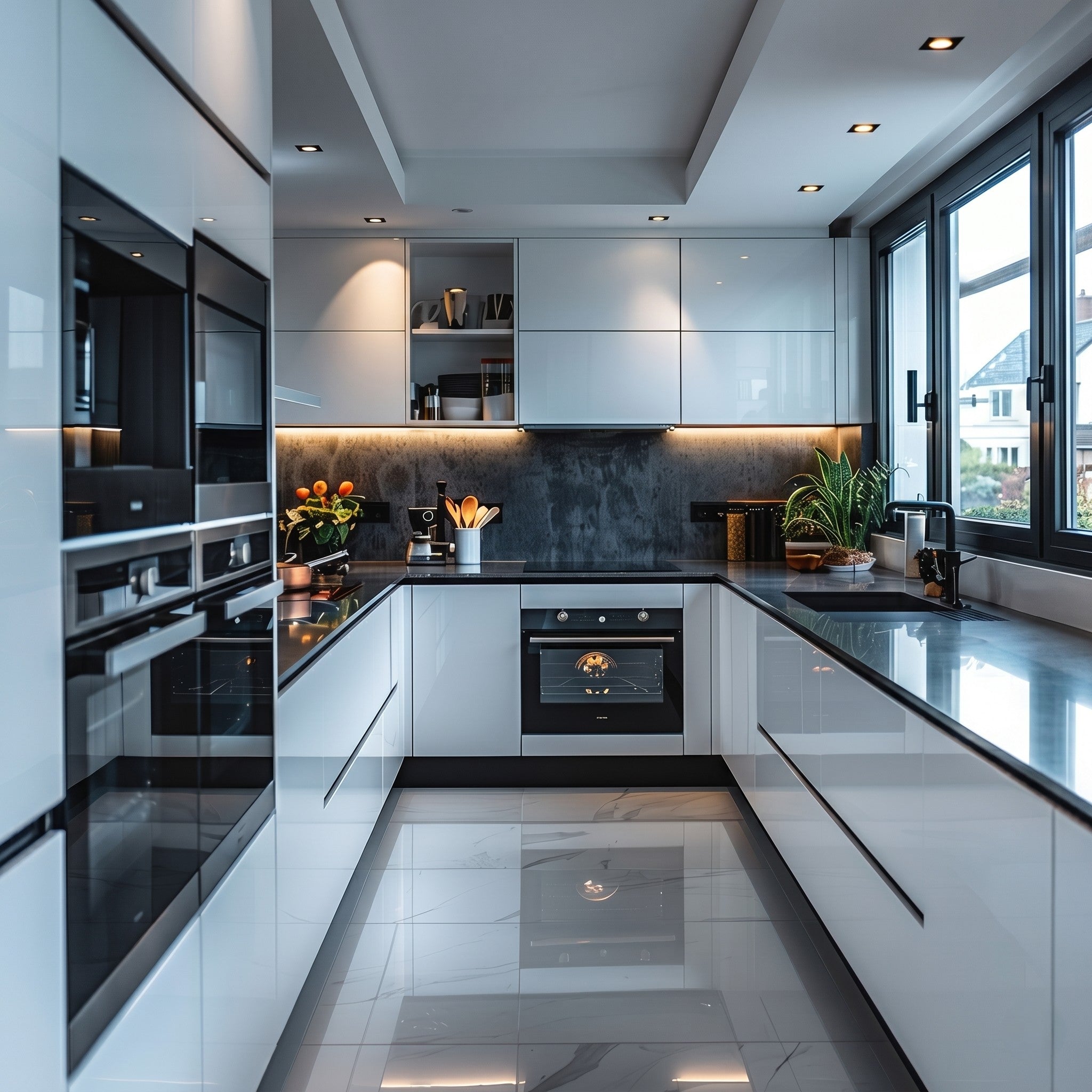 White Gloss U-Shaped Modular Kitchen with Black Granite Countertop, Oxidised Metal Backsplash, Open Display Cabinet and Full Appliance Tower