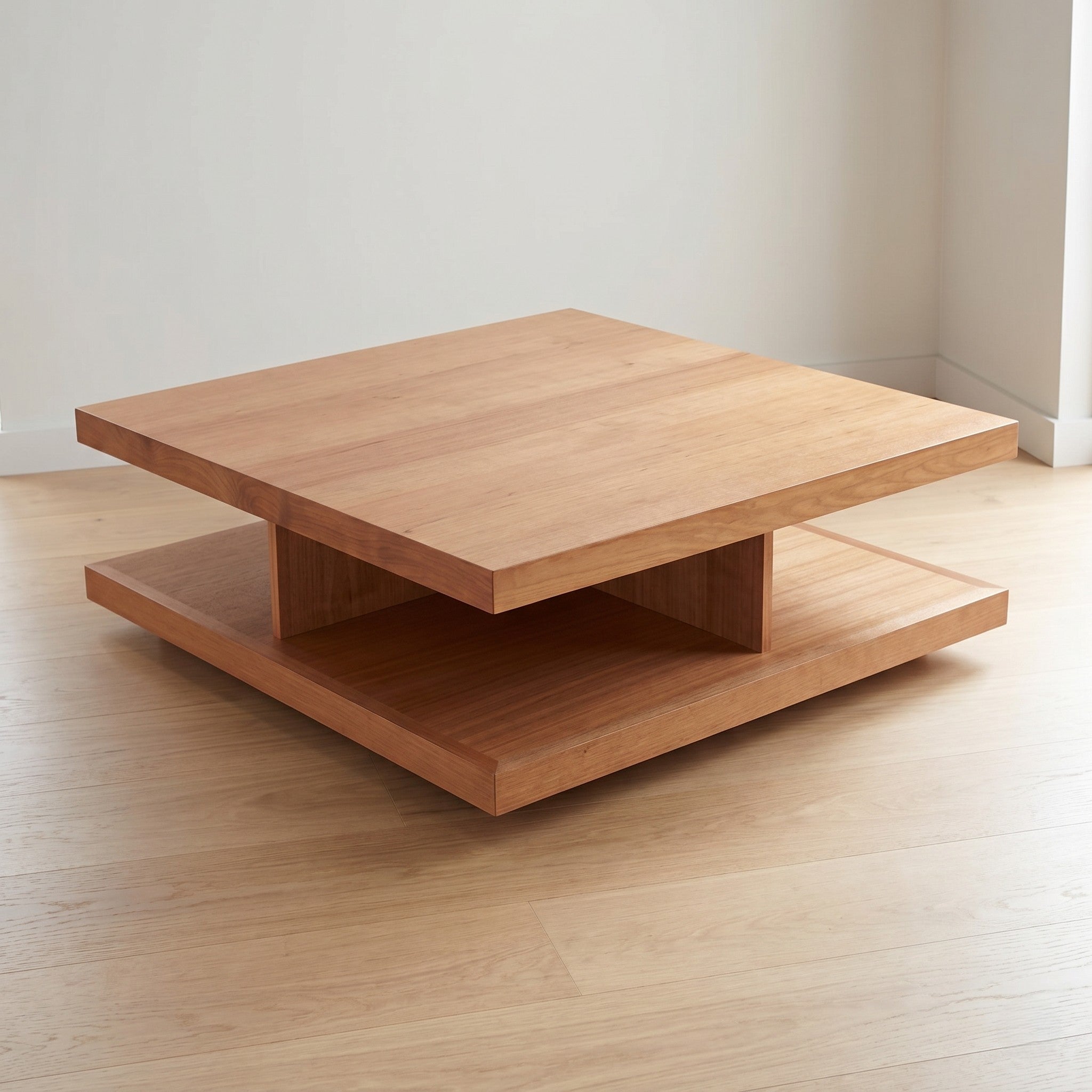 Square Solid Oak Two-Tier Coffee Table with Floating Platform Base