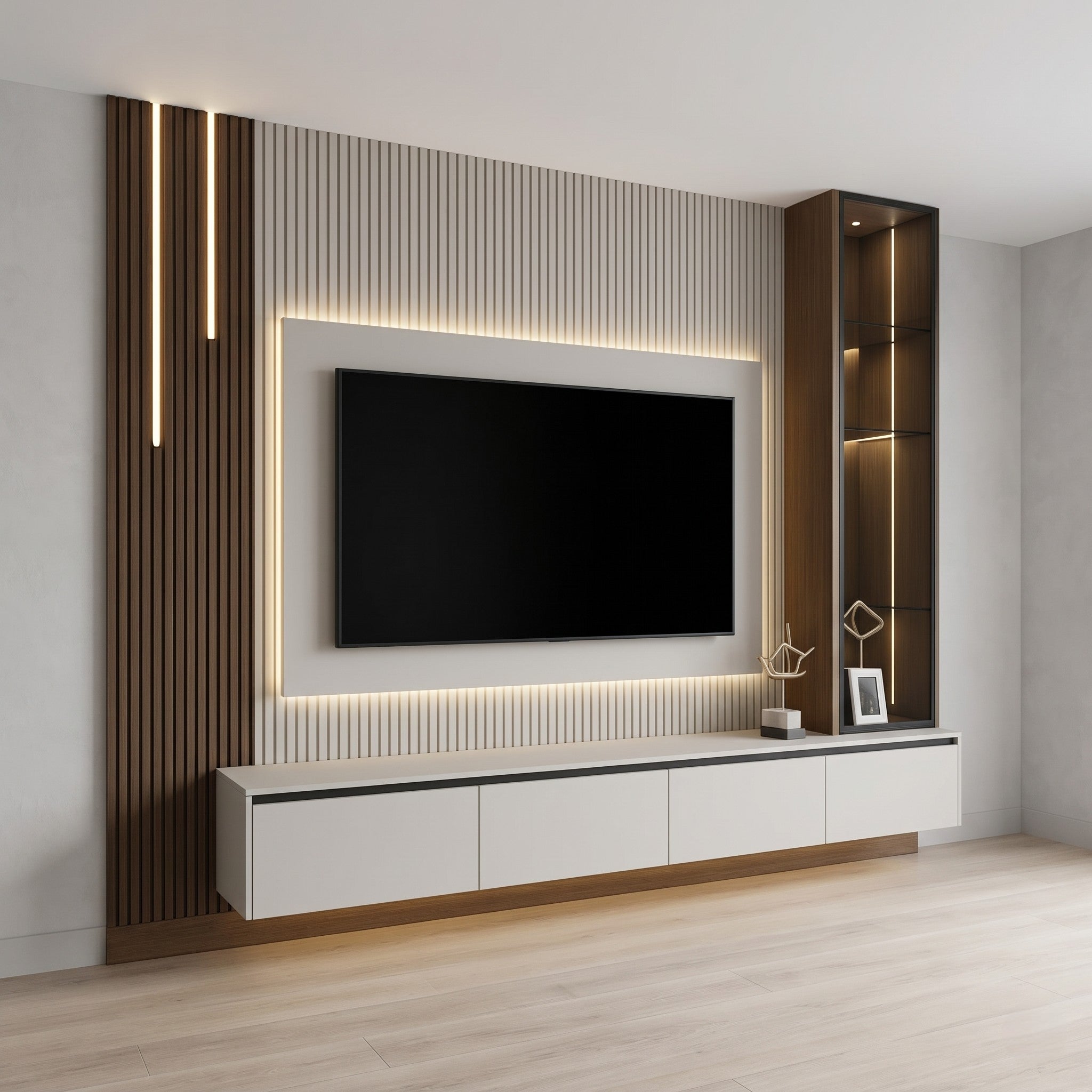 White & Walnut Fluted TV Wall Unit with Backlit TV Niche, Vertical LED Strips and Glass Display Tower