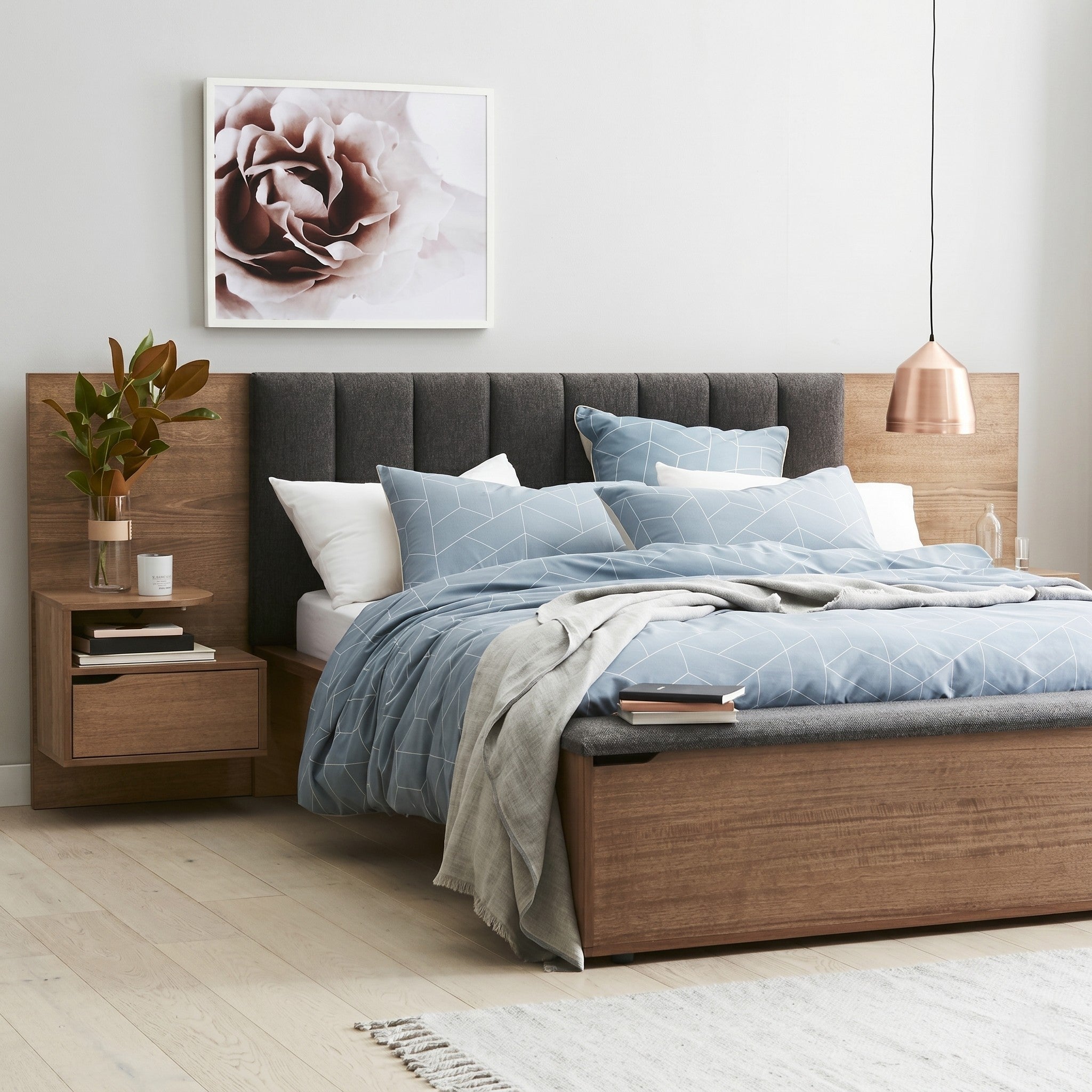 Walnut Platform Bed with Vertical Channel Upholstered Headboard and Integrated Bedside Tables