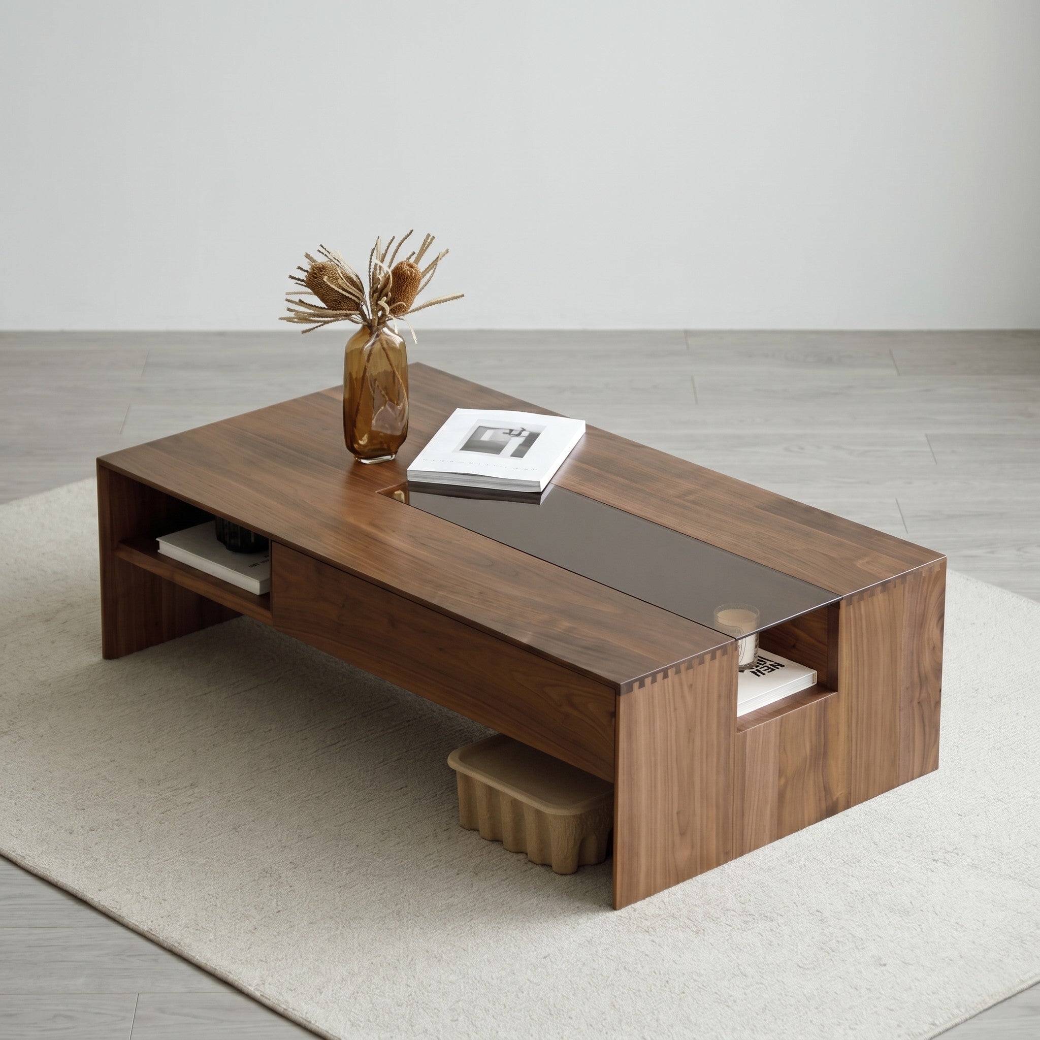 Solid Walnut Coffee Table with Smoked Glass Centre Strip & Open Side Niches