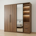 Walnut Wardrobe with Full-Length Mirror Door, LED-Lit Open Shelf Tower and Three Base Drawers
