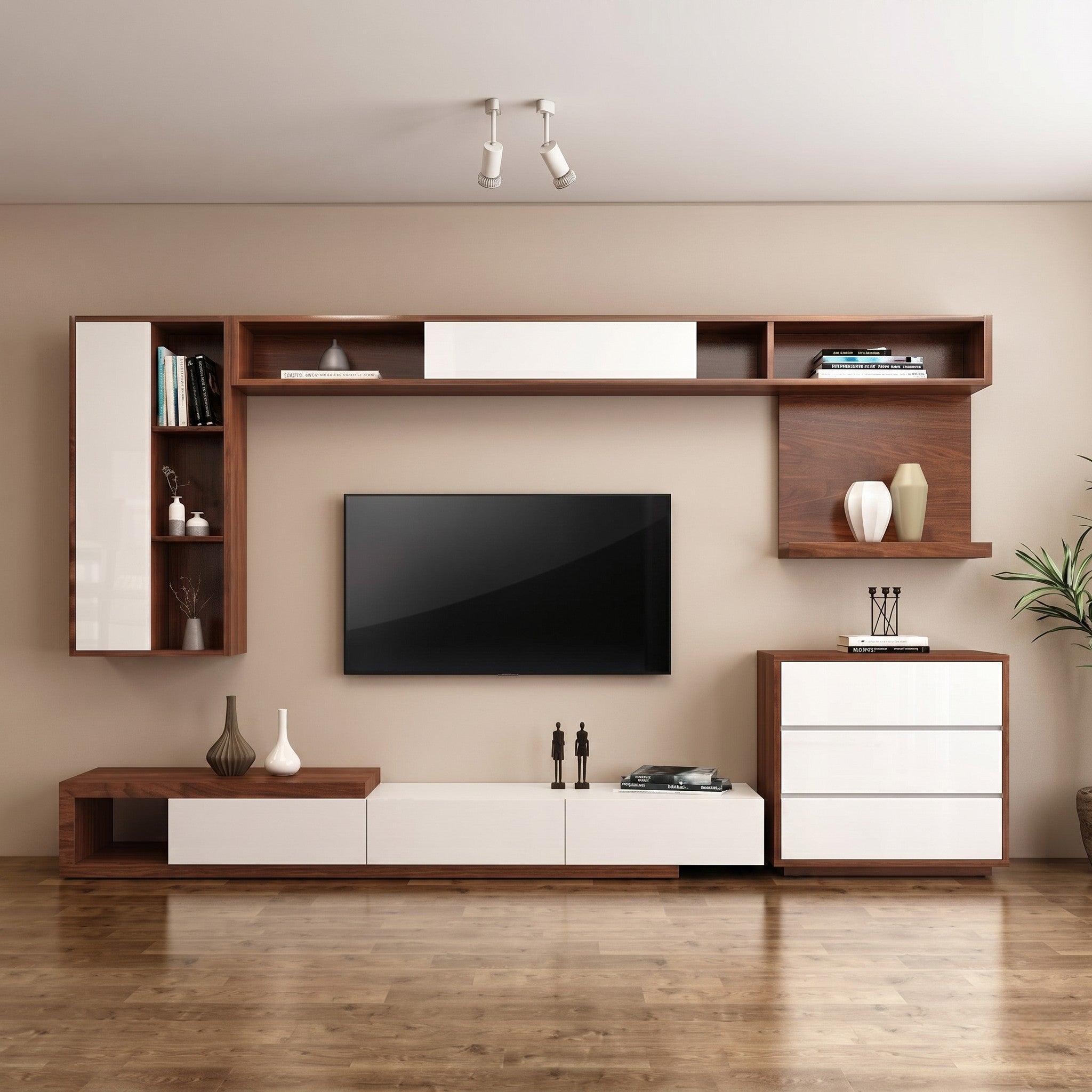 Walnut & White Modular TV Wall System with Wall-Mounted Cabinets, Open Shelves and Chest of Drawers