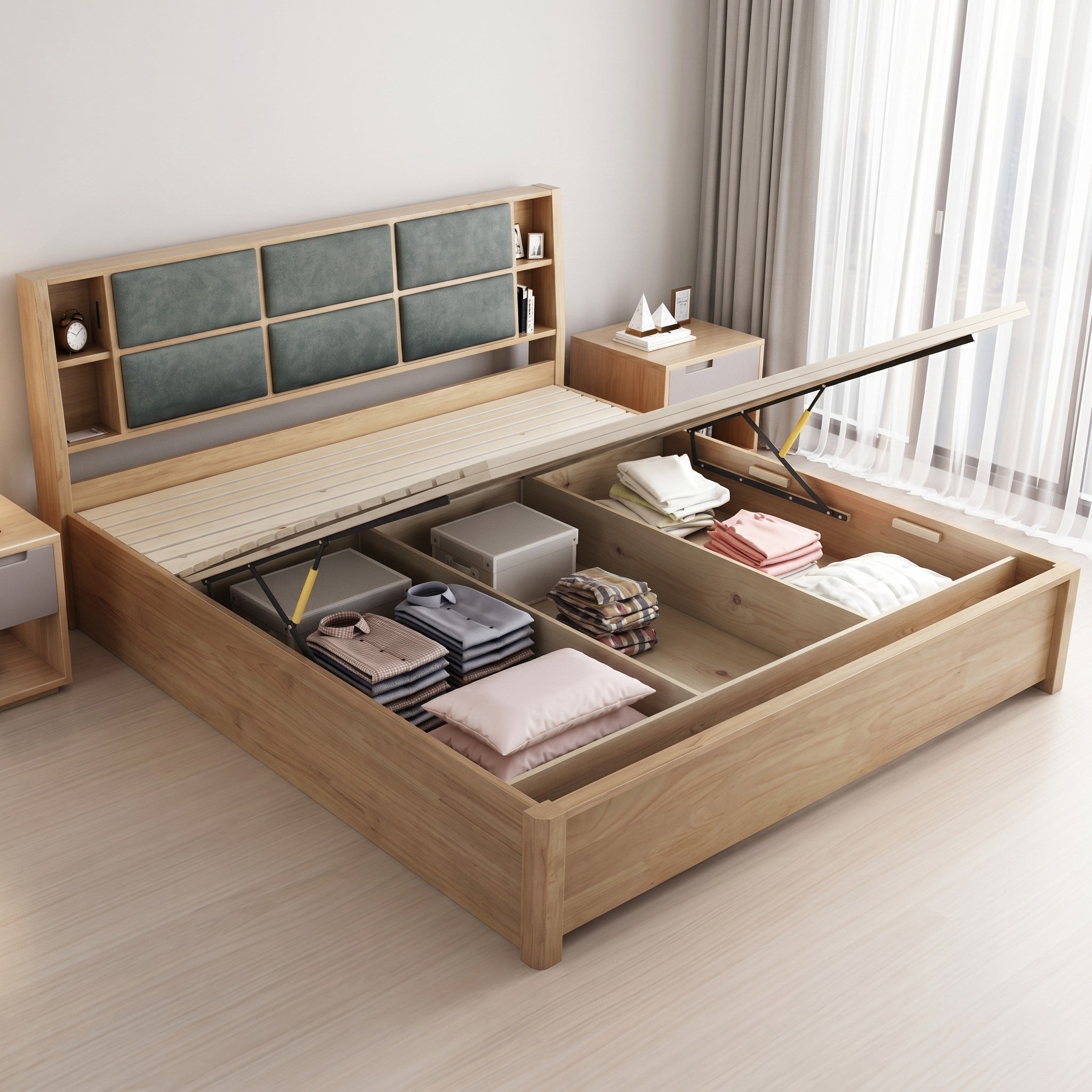 Light Oak Maximum Storage Bed with Hydraulic Lift Base, Bookcase Headboard and Teal Upholstered Panels