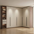 Cream & Walnut L-Shaped Corner Wardrobe with LED Open Display Tower, Drawers and Recessed Black Handles