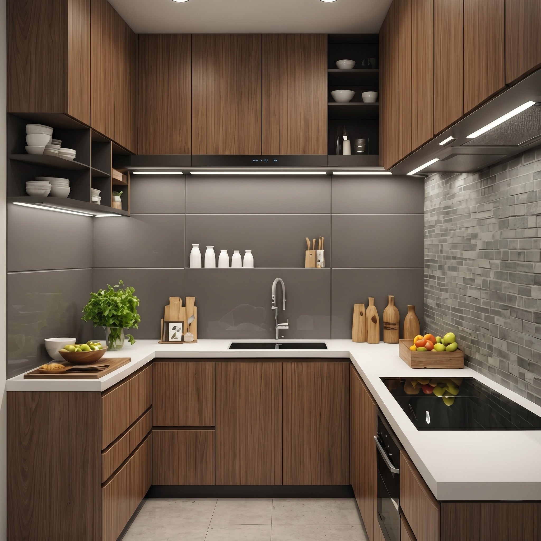 Walnut Grain U-Shaped Modular Kitchen with Open Display Shelves, Grey Tile Backsplash, Stone Mosaic Side Wall and White Quartz Countertop