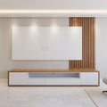 White & Oak Minimalist TV Wall Unit with Vertical Slat Panel and Wide Media Console