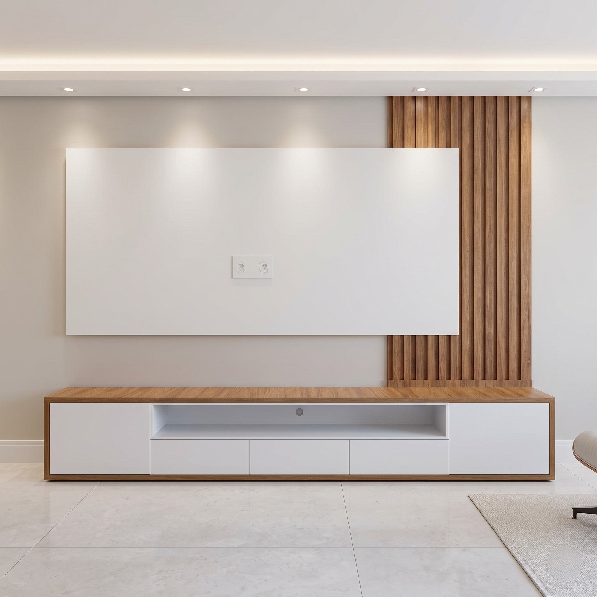 White & Oak Minimalist TV Wall Unit with Vertical Slat Panel and Wide Media Console