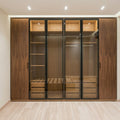 Walnut Wardrobe with Black-Framed Glass Doors, Illuminated Interior, Hanging Rails and Oak Drawer Inserts