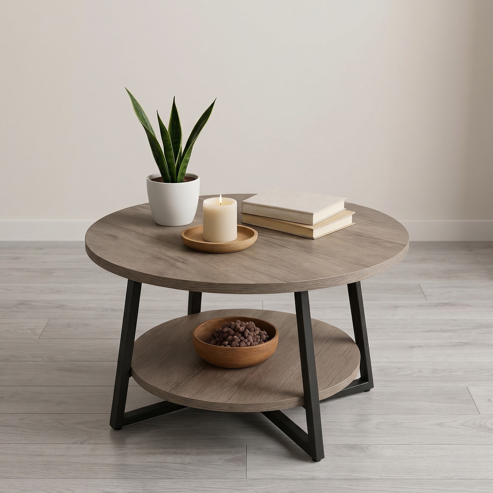 Round Grey Oak Coffee Table with Black Steel Tripod Frame & Lower Display Shelf
